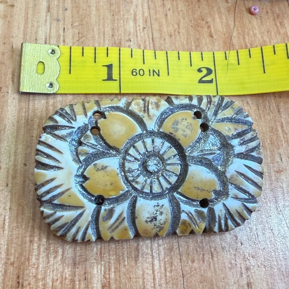 Vintage Carved Floral Brooch Yellow Cream Rectangular Scalloped Edge Pin 2.5